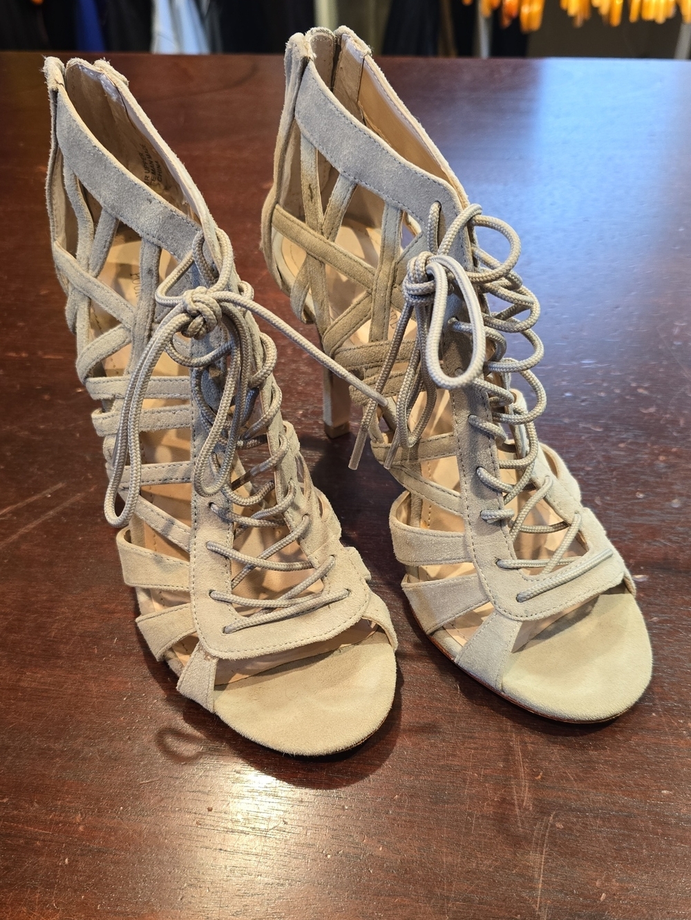Pour La Victoire Beige Lace-Up Strappy High Heel Sandals